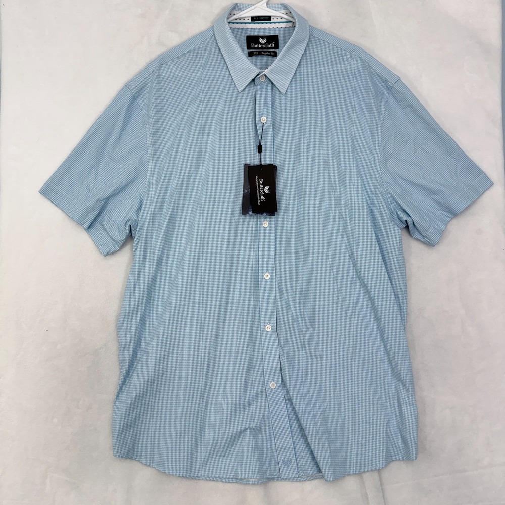 Buttercloth Shirt Mens 2XL Blue Icycotton Geometric Rayon Stretch Button Up